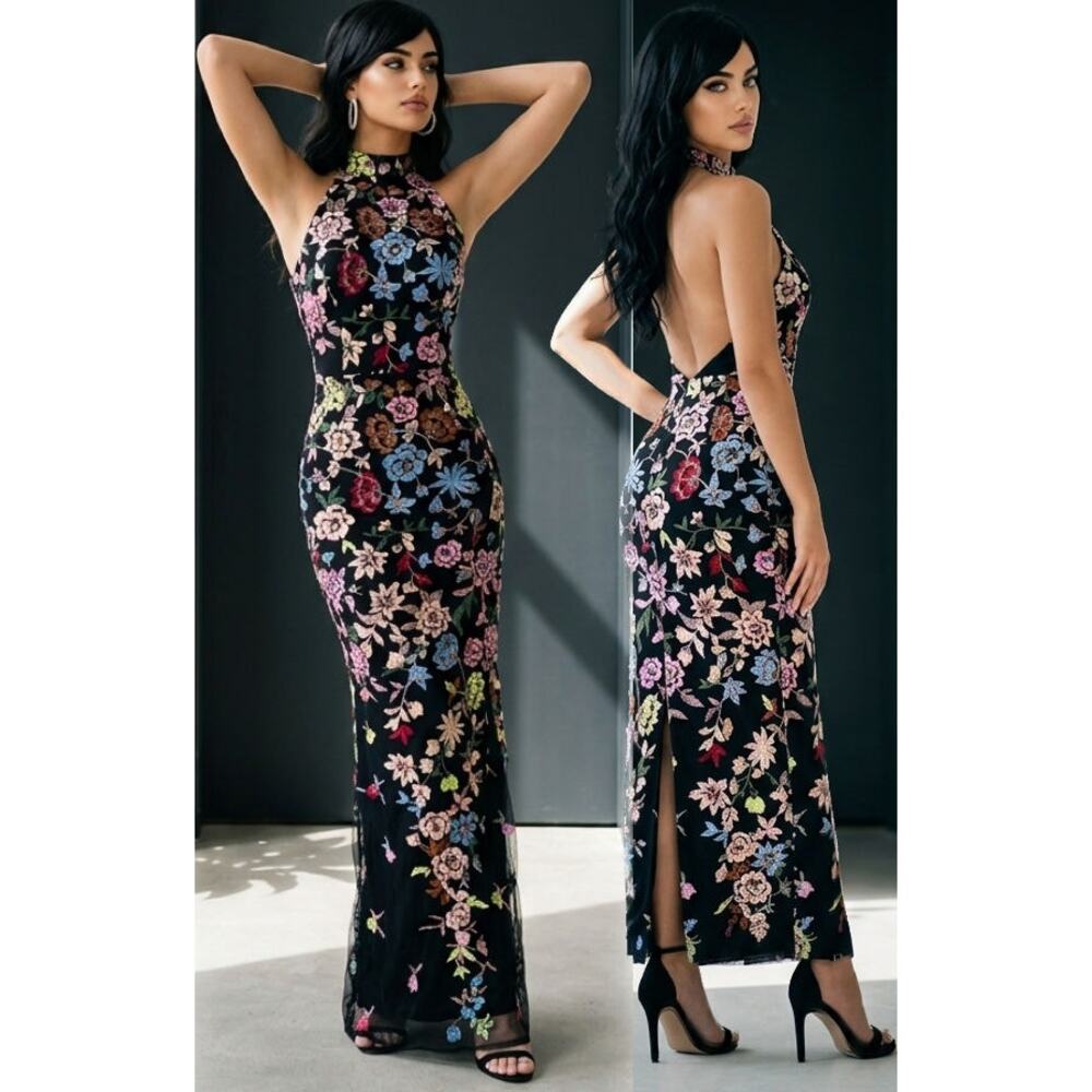 Lulus Black 2 Button Halter 3D Floral Embroidered Infinite Praise Maxi Dress L - Picture 3 of 13